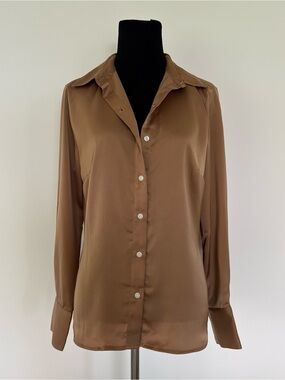 Classic Long-Sleeve Button-Up Blouse in Brown
